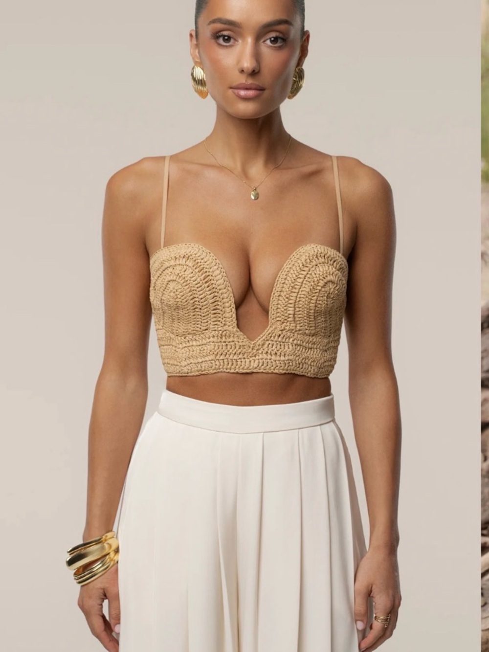 JLUXLABEL Beige Crochet Bustier Crop Top